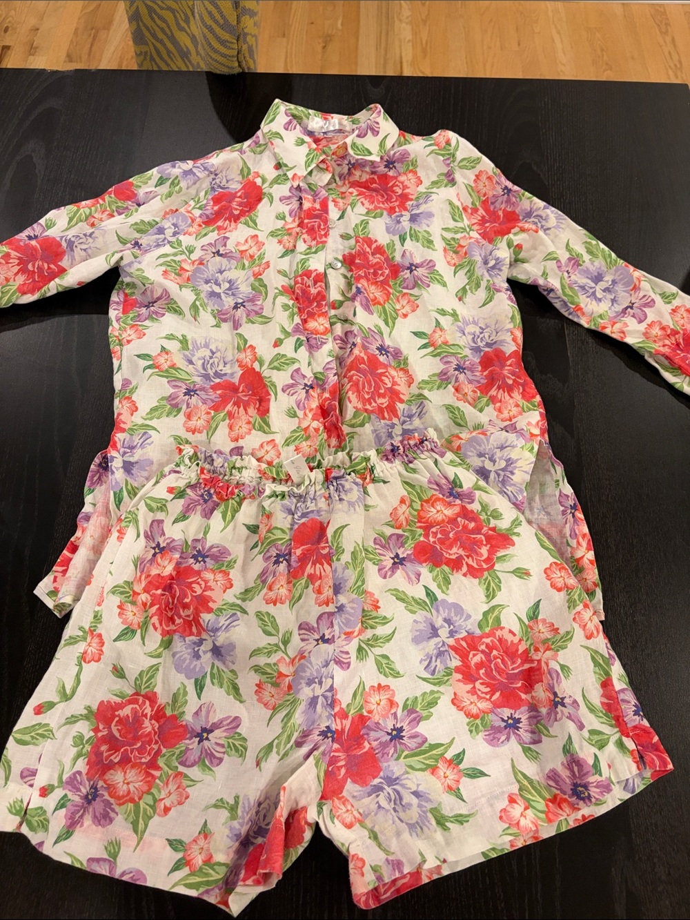 Floral Button down and shorts set in Pink, Purple & Green